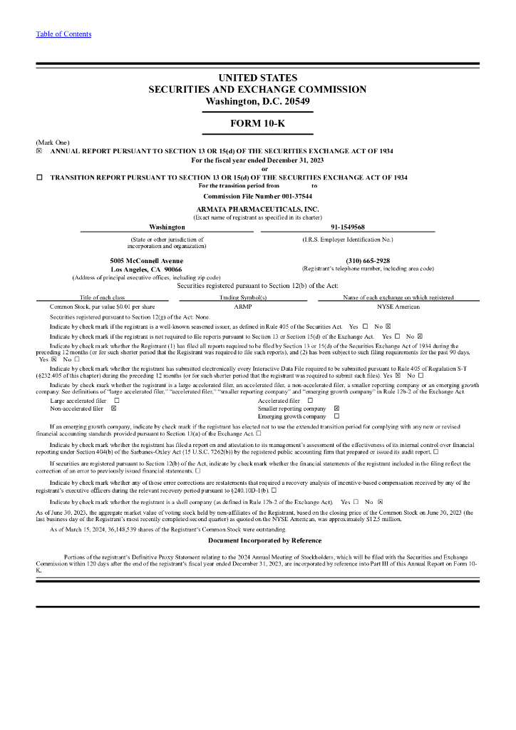 Armata Pharmaceuticals, Inc.（ARMP）2023财年年度报告（英文版）