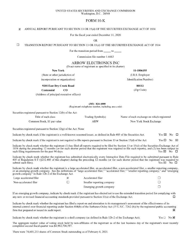 Arrow Electronics Inc.（ARW）2020财年年度报告（英文版）