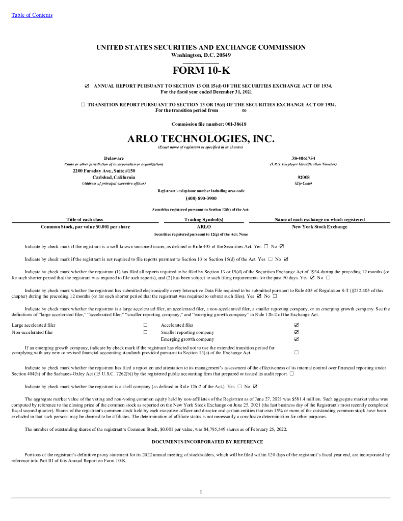 Arlo Technologies, Inc.（ARLO）2021财年年度报告（英文版）