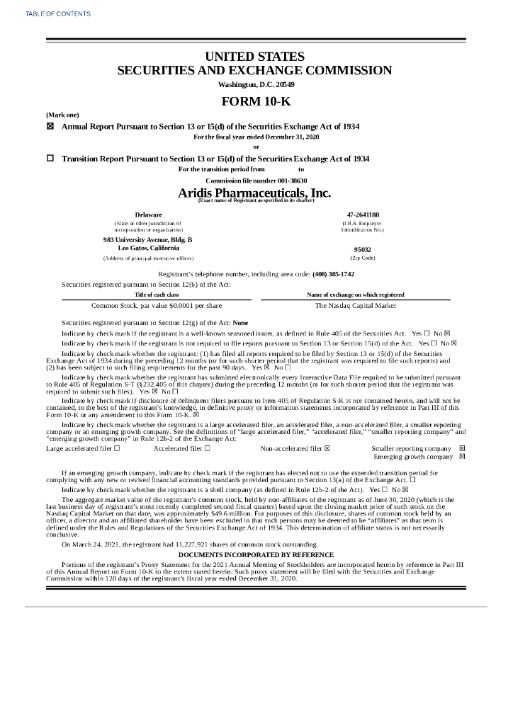 Aridis Pharmaceuticals Inc.（ARDS）2020财年年度报告（英文版）