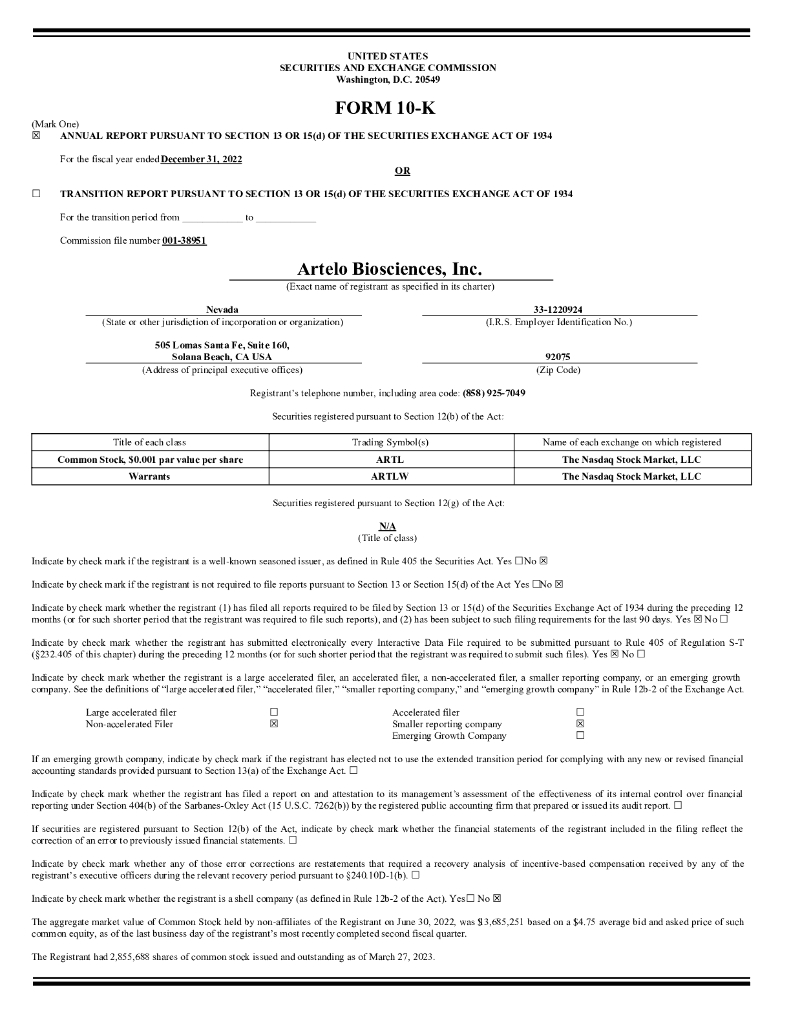 Artelo Biosciences, Inc.（ARTL）2022财年年度报告（英文版）