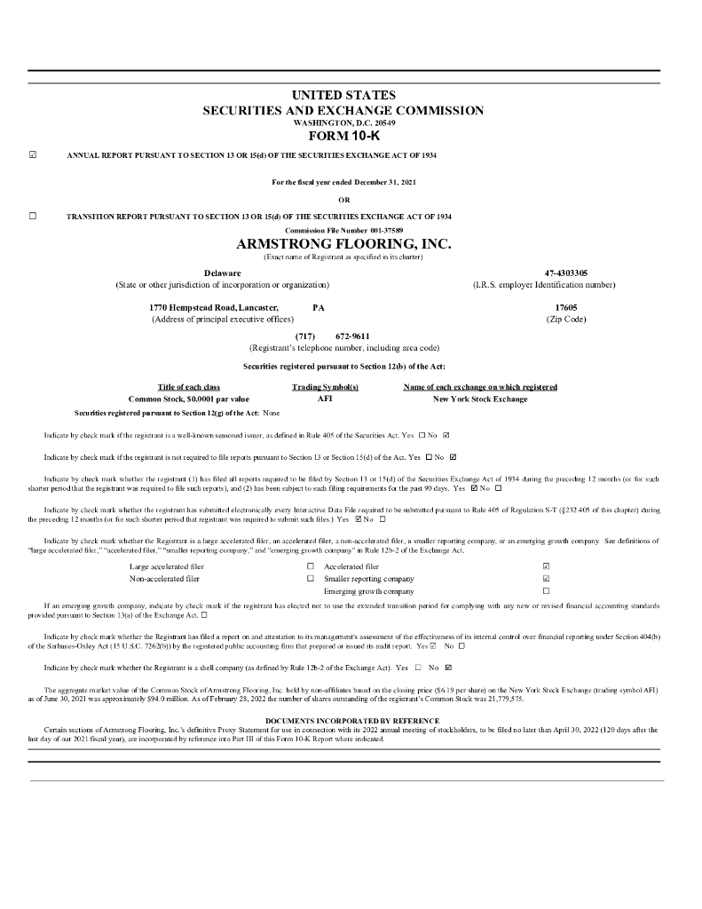 Armstrong Flooring, Inc.（AFI）2021财年年度报告（英文版）