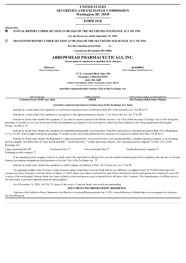 Arrowhead Pharmaceuticals, Inc.（ARWR）2020财年年度报告（英文版）