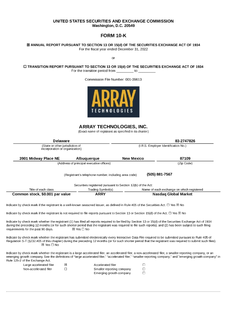 Array Technologies, Inc.（ARRY）2022财年年度报告（英文版）