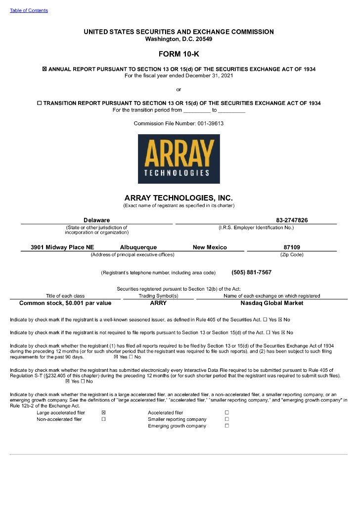 Array Technologies, Inc.（ARRY）2021财年年度报告（英文版）