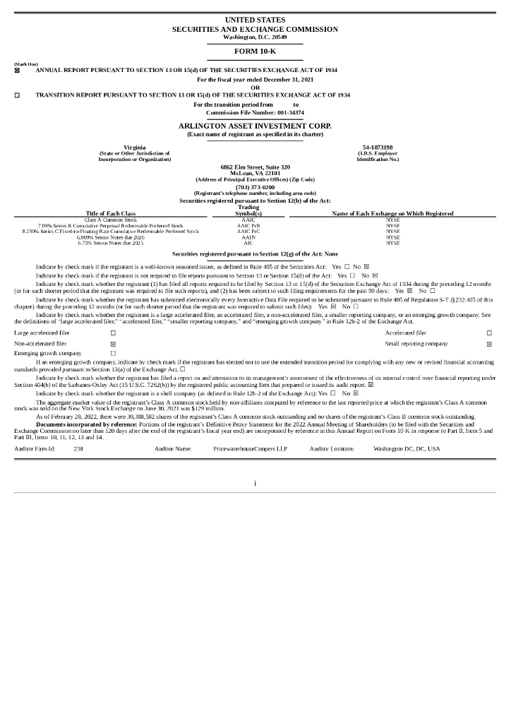 Arlington Asset Investment Corp.（AAIC）2021财年年度报告（英文版）