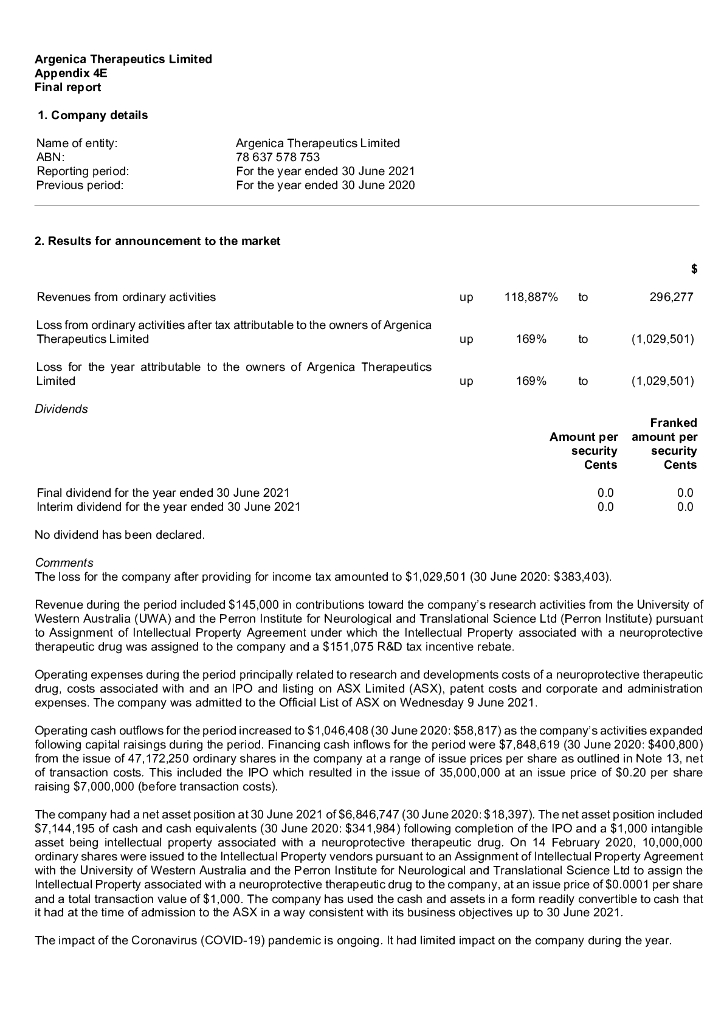 Argenica Therapeutics（AGN）2021财年年度报告（英文版）