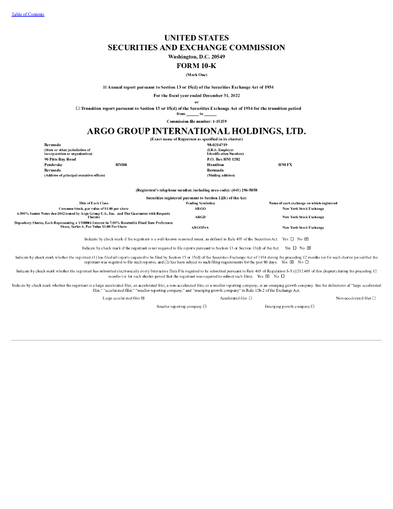 Argo Group International Holdings Ltd.（ARGO）2022财年年度报告（英文版）