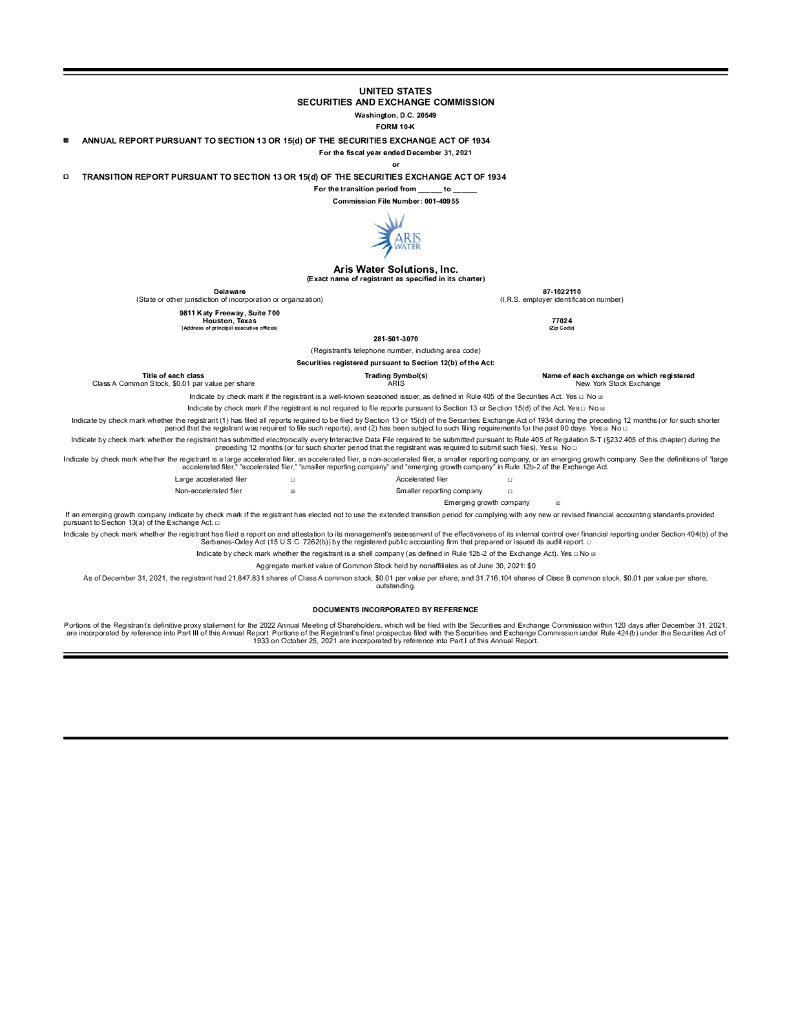 Aris Water Solutions, Inc.（ARIS）2021财年年度报告（英文版）