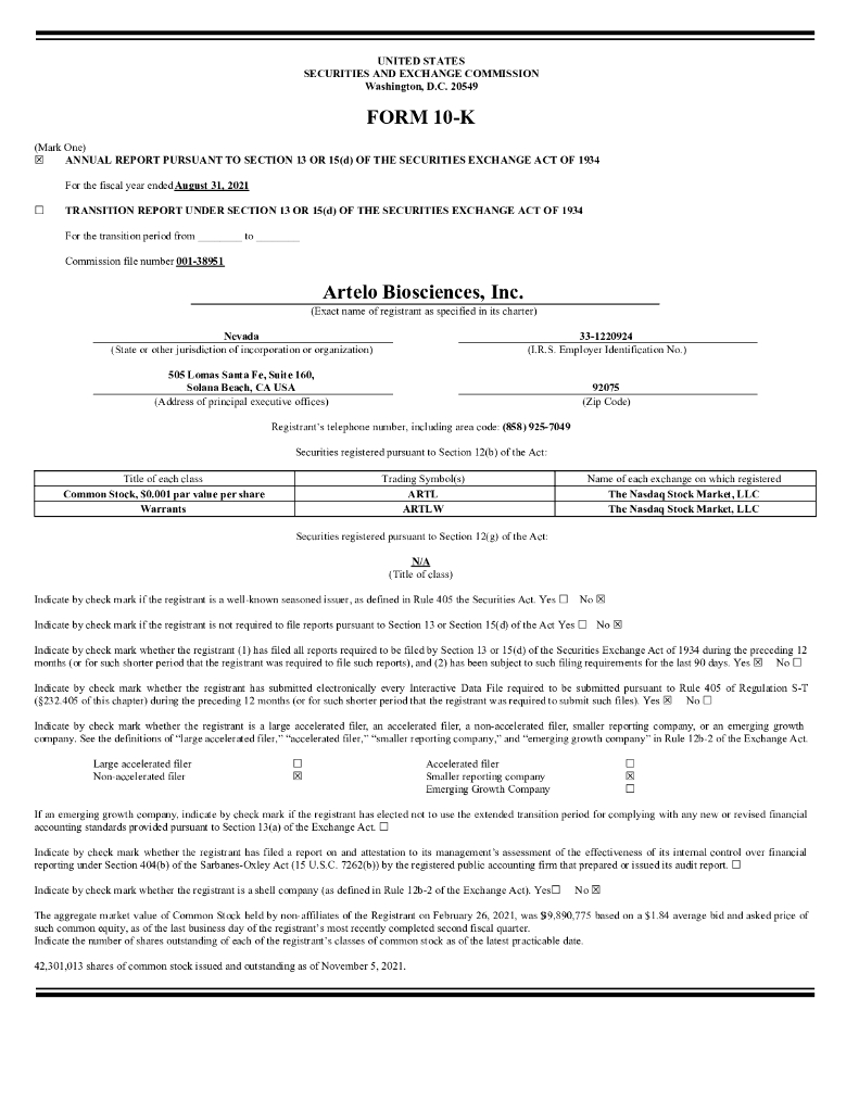Artelo Biosciences, Inc.（ARTL）2021财年年度报告（英文版）