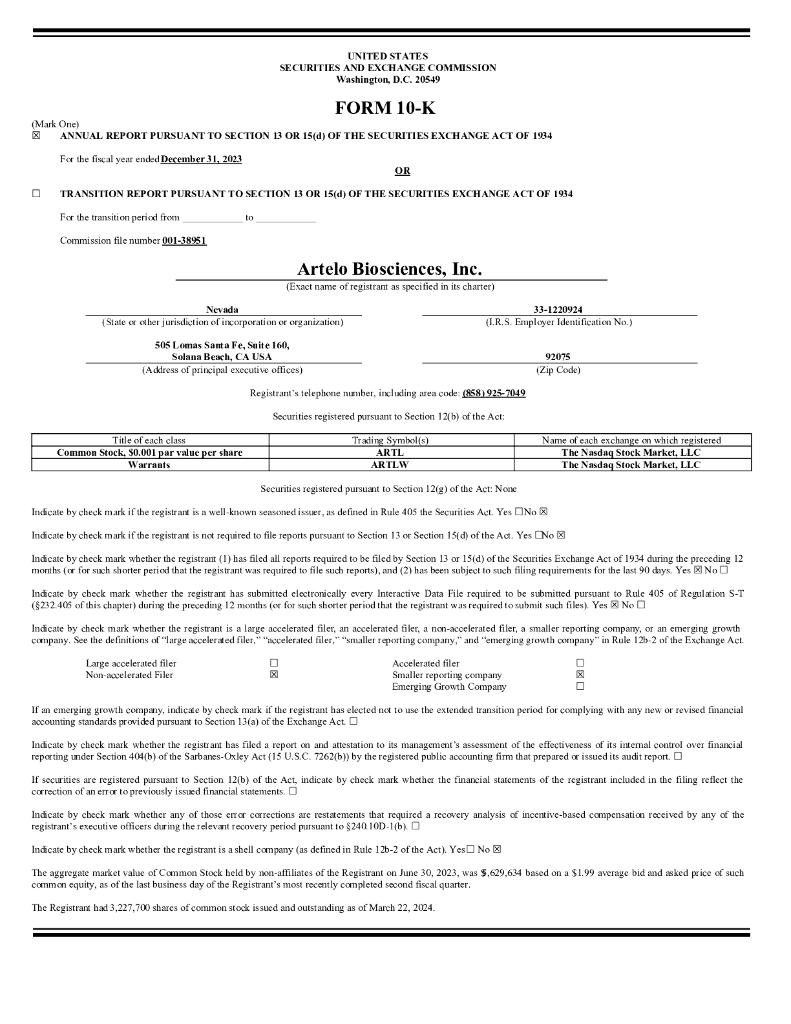Artelo Biosciences, Inc.（ARTL）2023财年年度报告（英文版）