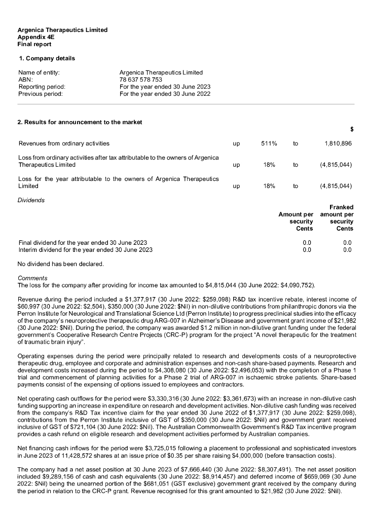 Argenica Therapeutics（AGN）2023财年年度报告（英文版）