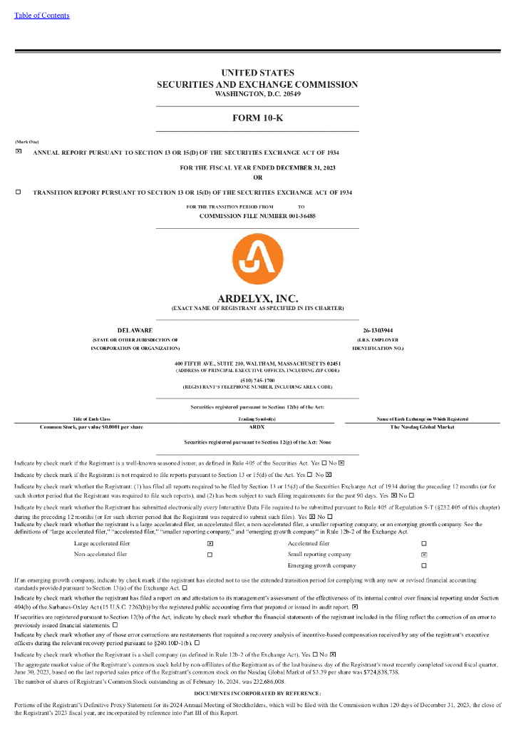 Ardelyx Inc（ARDX）2023财年年度报告（英文版）