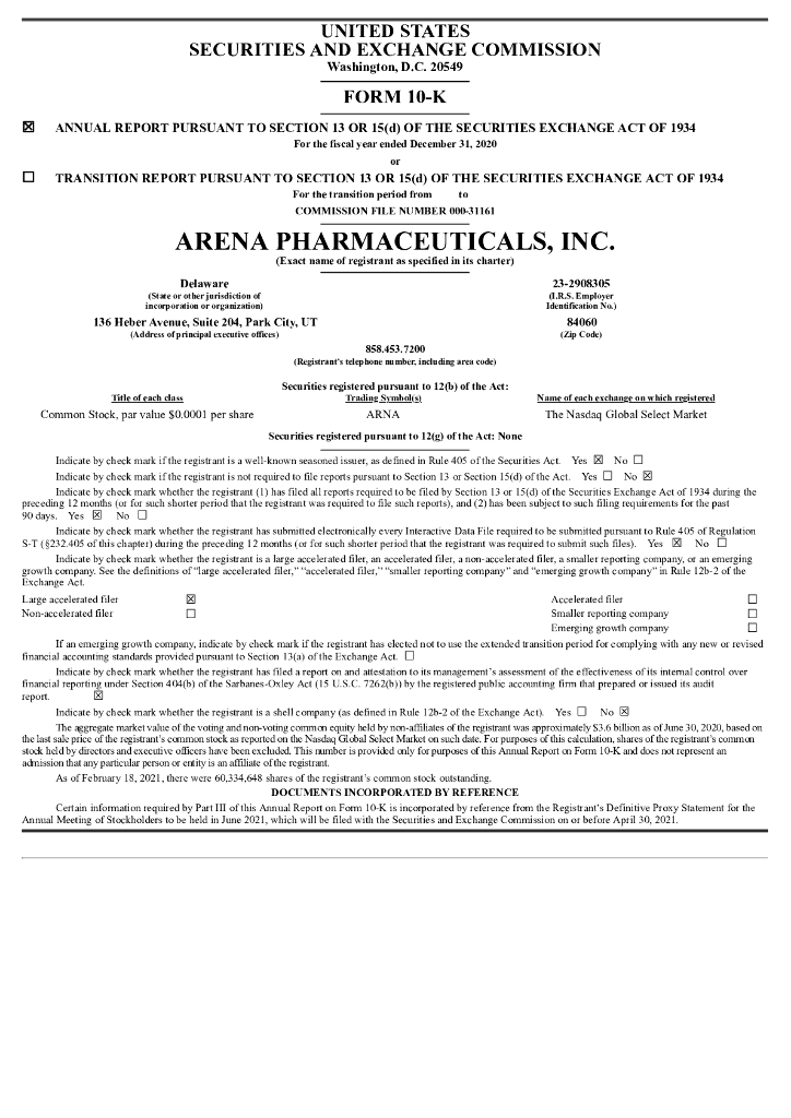 Arena Pharmaceuticals, Inc.（ARNA）2020财年年度报告（英文版）