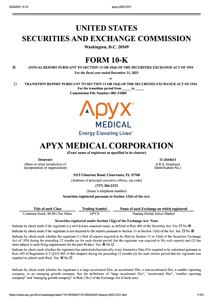 Apyx Medical Corporation（APYX）2023财年年度报告（英文版）