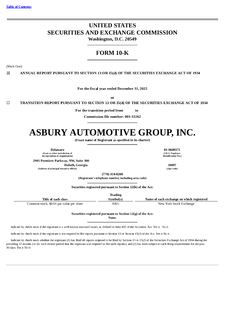 Asbury Automotive Group, Inc.（ABG）2022财年年度报告（英文版）