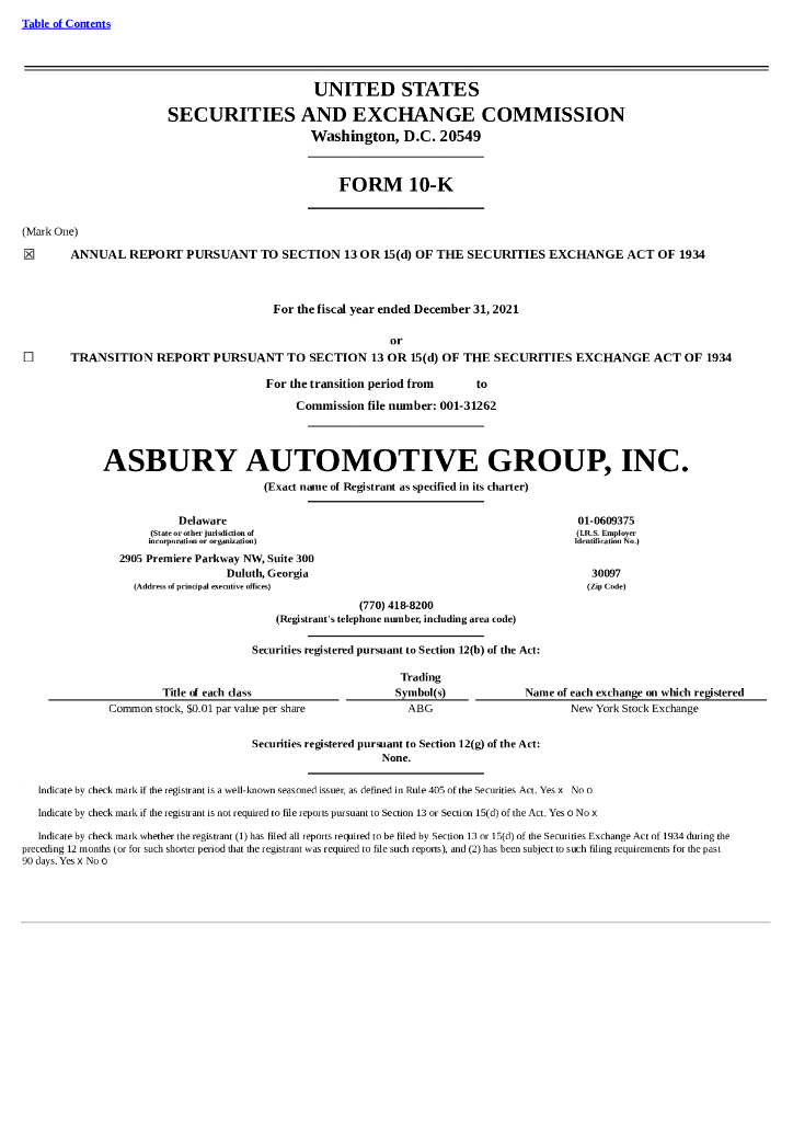 Asbury Automotive Group, Inc.（ABG）2021财年年度报告（英文版）