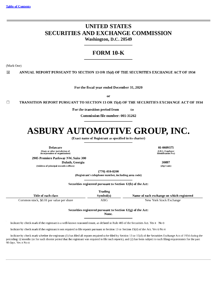 Asbury Automotive Group, Inc.（ABG）2020财年年度报告（英文版）