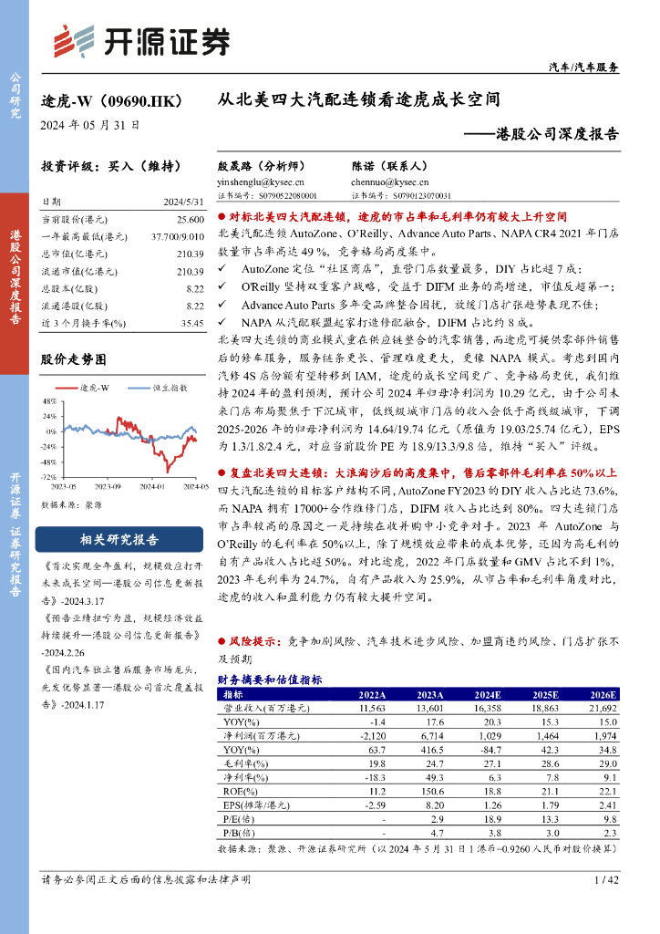 开源证券：途虎深度研究报告：从北美四大汽配连锁看途虎成长空间——港股公司深度报告