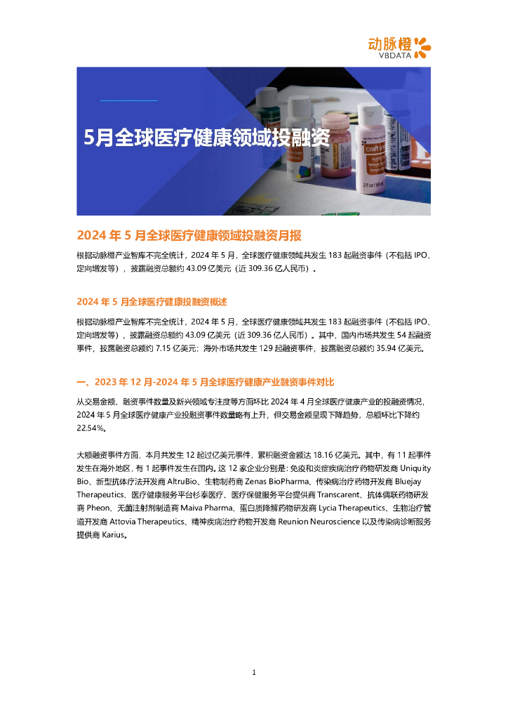 动脉橙：2024年5月全球医疗健康领域投融资月报