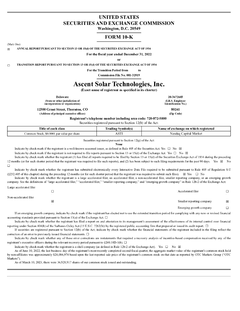 Ascent Solar Technologies, Inc.（ASTI）2022财年年度报告（英文版）