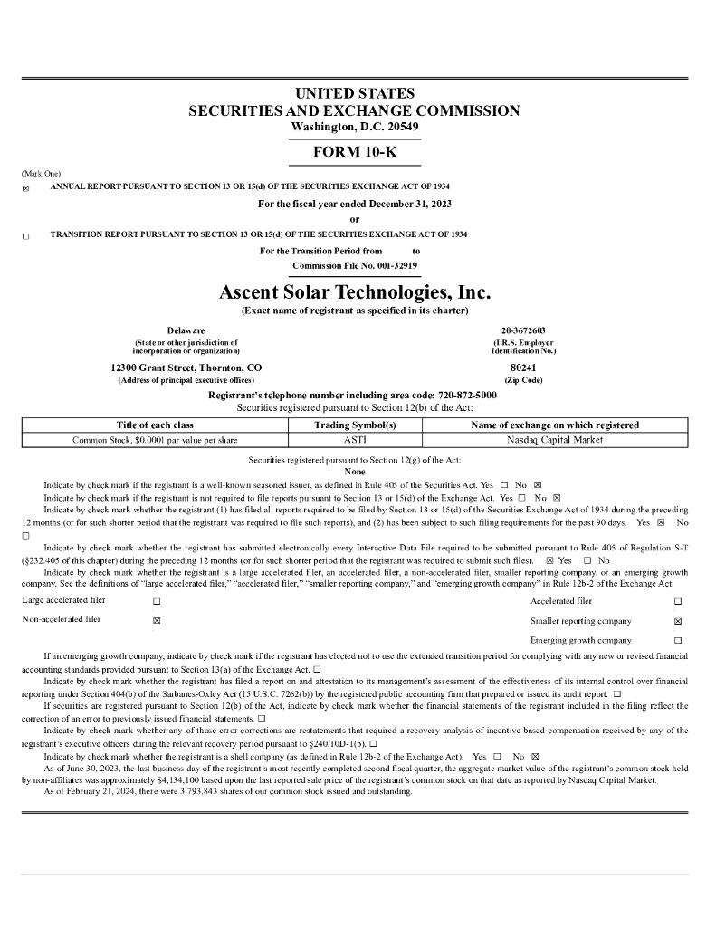 Ascent Solar Technologies, Inc.（ASTI）2023财年年度报告（英文版）