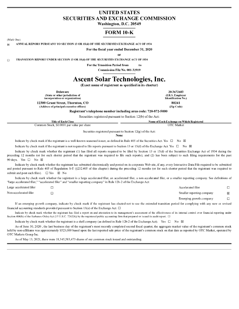 Ascent Solar Technologies, Inc.（ASTI）2020财年年度报告（英文版）