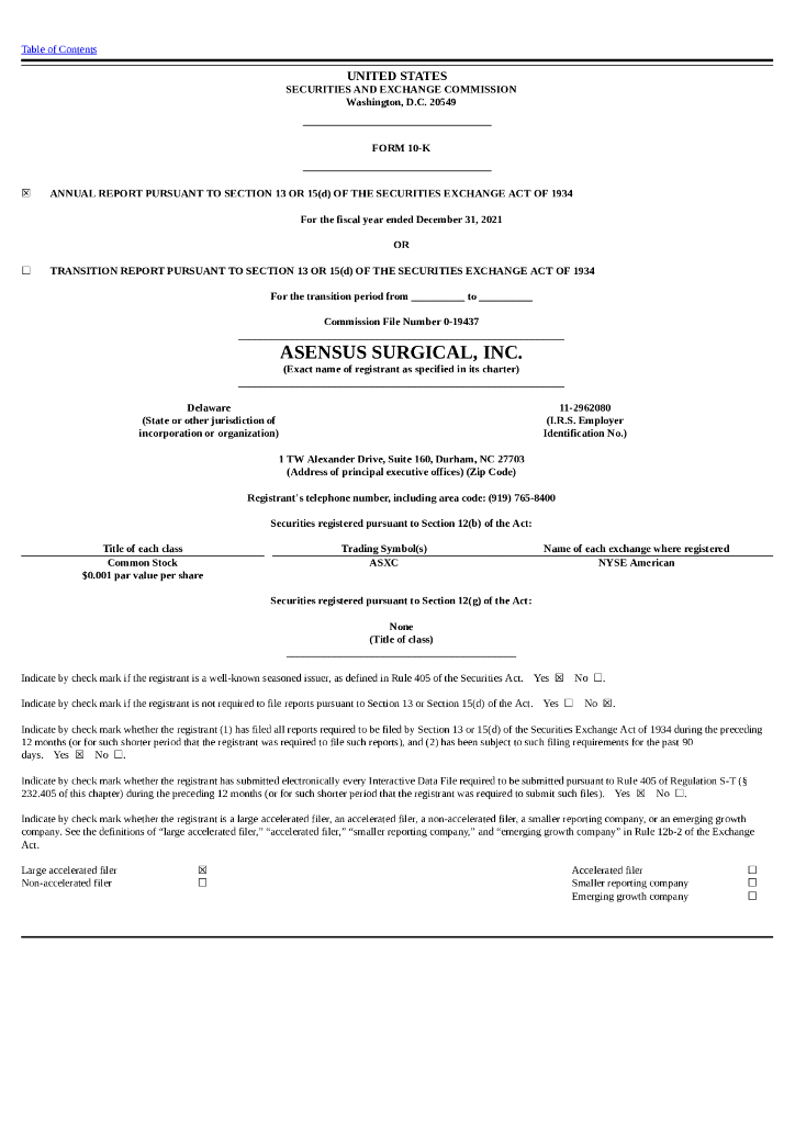 Asensus Surgical, Inc.（ASXC）2021财年年度报告（英文版）
