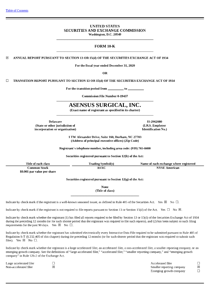 Asensus Surgical, Inc.（ASXC）2020财年年度报告（英文版）