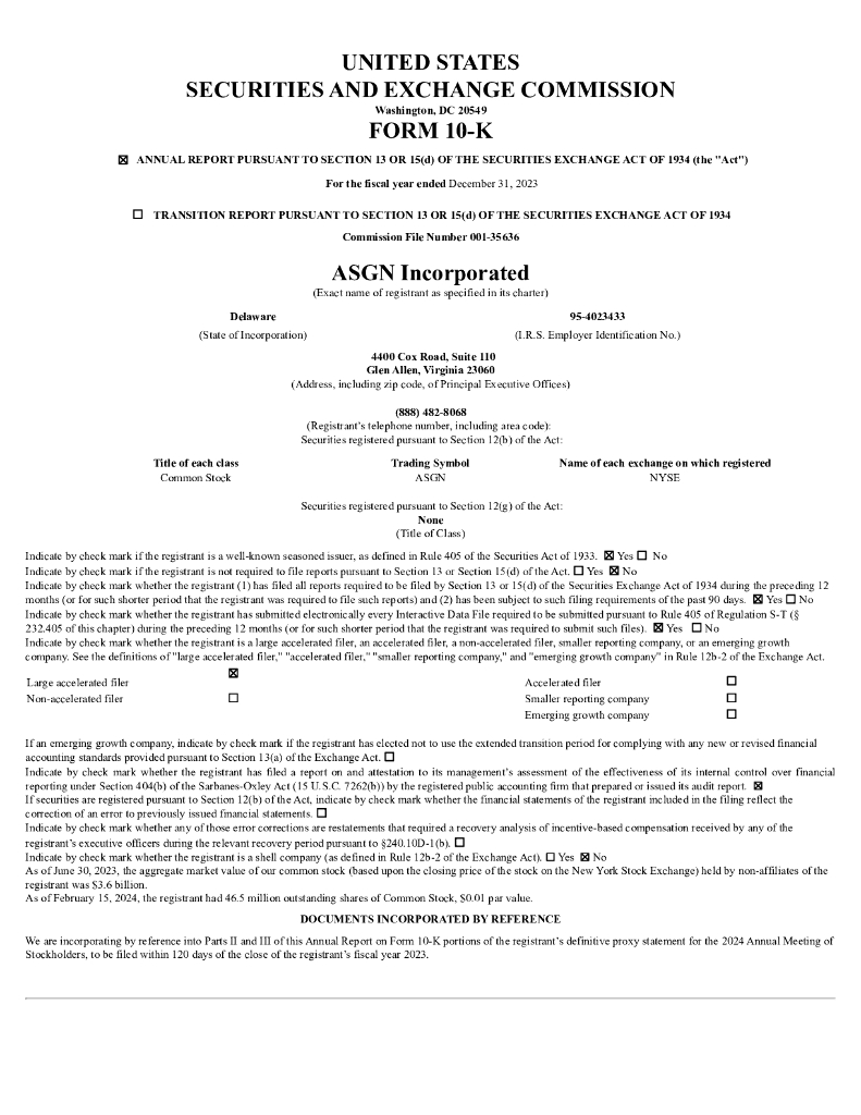 ASGN Incorporated（ASGN）2023财年年度报告（英文版）