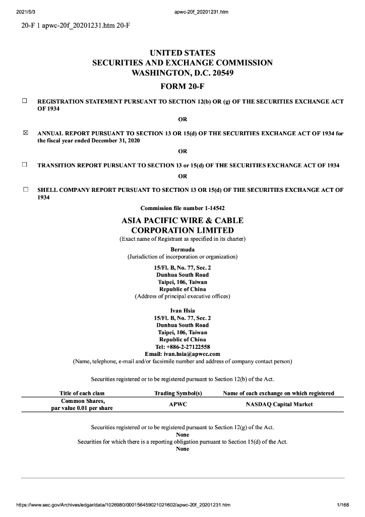 Asia Pacific Wire & Cable Corporation Limited（APWC）2020财年年度报告（英文版）