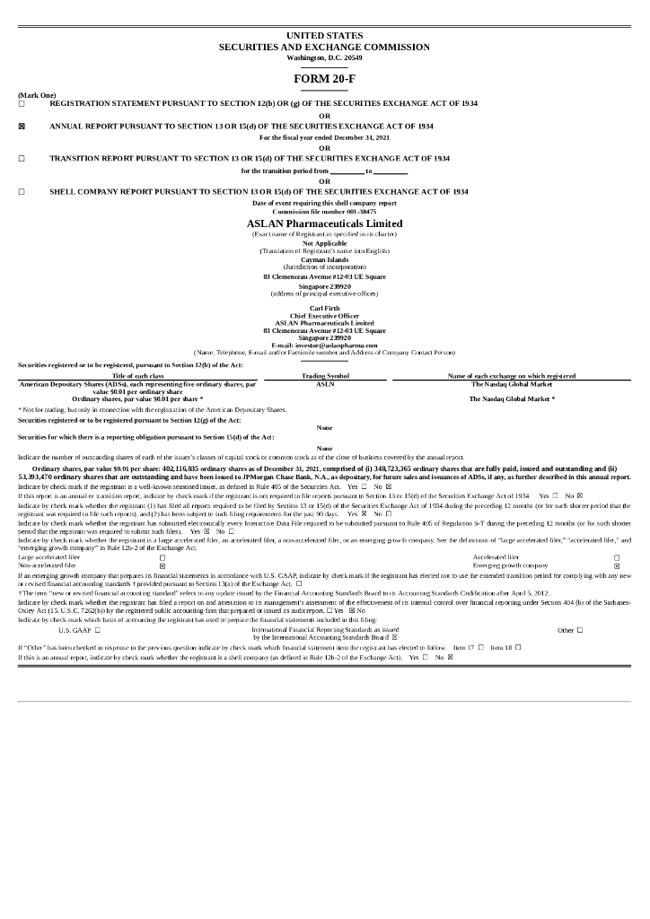 ASLAN Pharmaceuticals Limited（ASLN）2021财年年度报告（英文版）