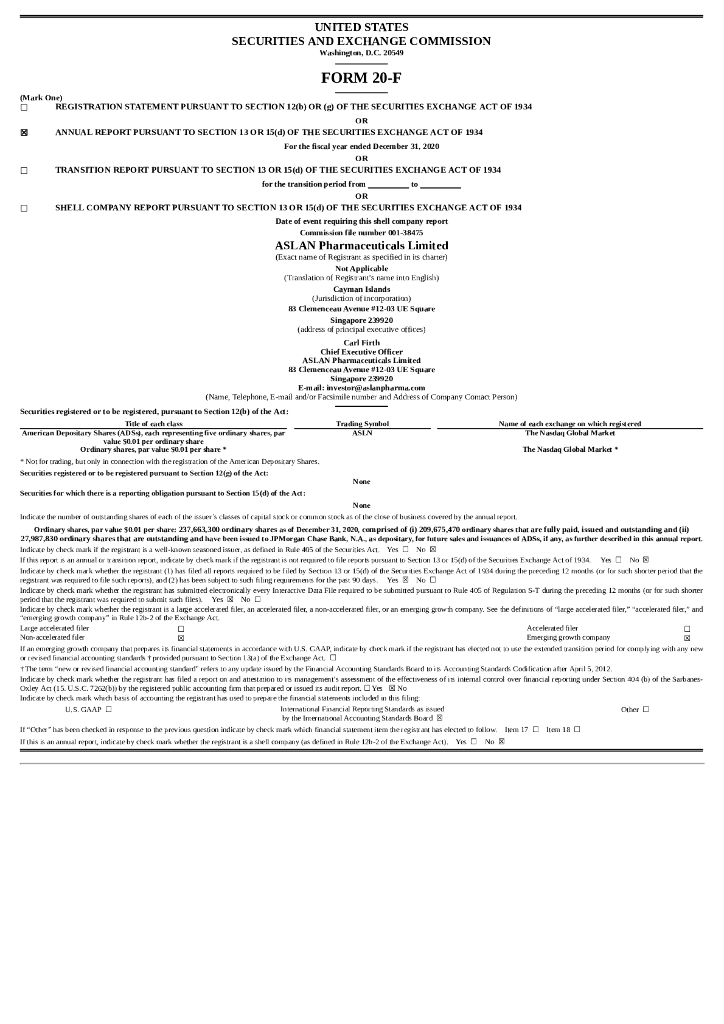 ASLAN Pharmaceuticals Limited（ASLN）2020财年年度报告（英文版）