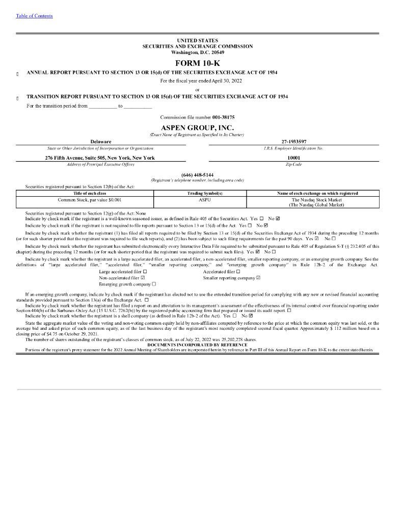 Aspen Group Inc.（ASPU）2022财年年度报告（英文版）