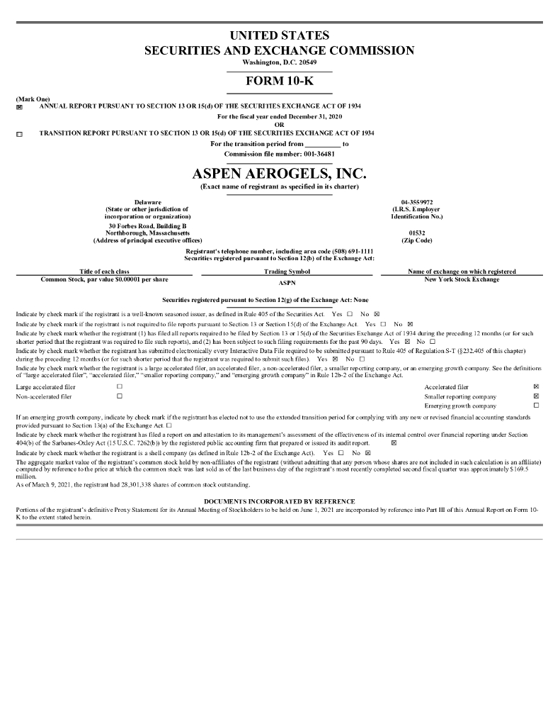 Aspen Aerogels（ASPN）2020财年年度报告（英文版）