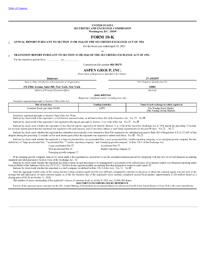 Aspen Group Inc.（ASPU）2021财年年度报告（英文版）