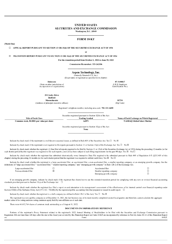Aspen Technology, Inc.（AZPN）2022财年年度报告（英文版）