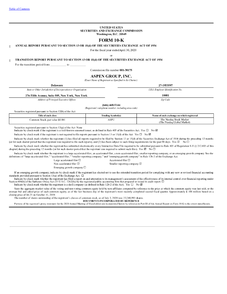 Aspen Group Inc.（ASPU）2020财年年度报告（英文版）