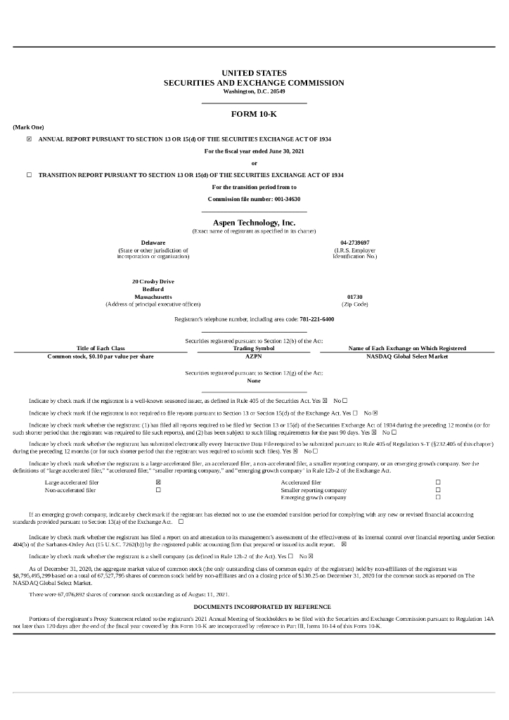 Aspen Technology, Inc.（AZPN）2021财年年度报告（英文版）