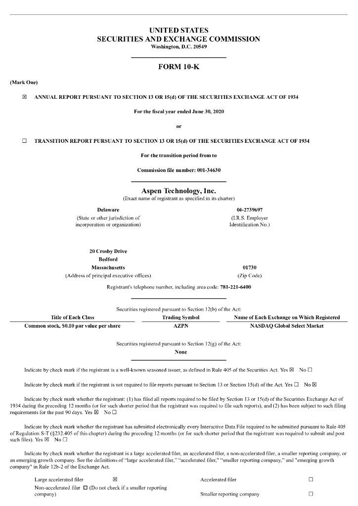 Aspen Technology, Inc.（AZPN）2020财年年度报告（英文版）