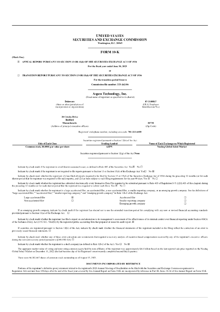 Aspen Technology, Inc.（AZPN）2023财年年度报告（英文版）