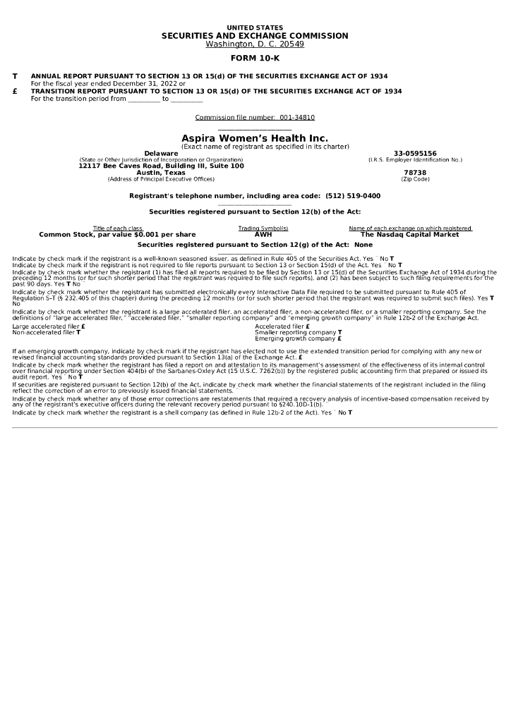 Aspira Women's Health Inc.（AWH）2022财年年度报告（英文版）
