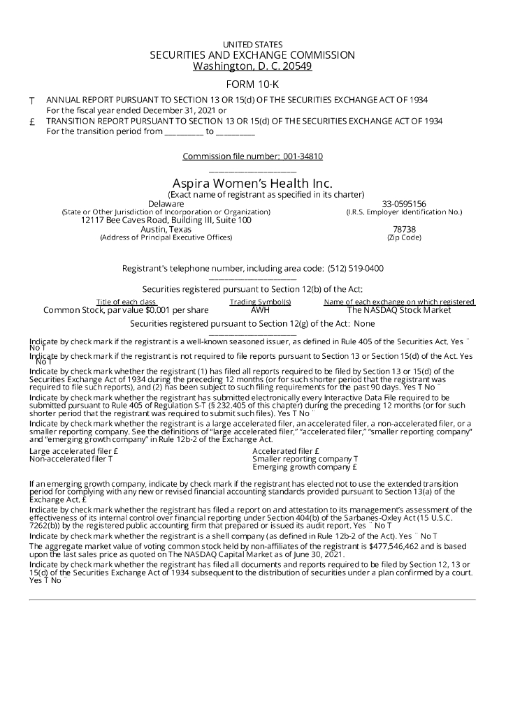 Aspira Women's Health Inc.（AWH）2021财年年度报告（英文版）