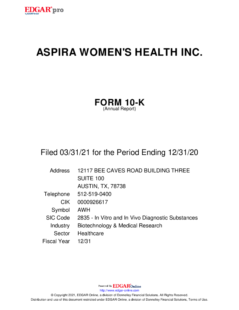 Aspira Women's Health Inc.（AWH）2020财年年度报告（英文版）