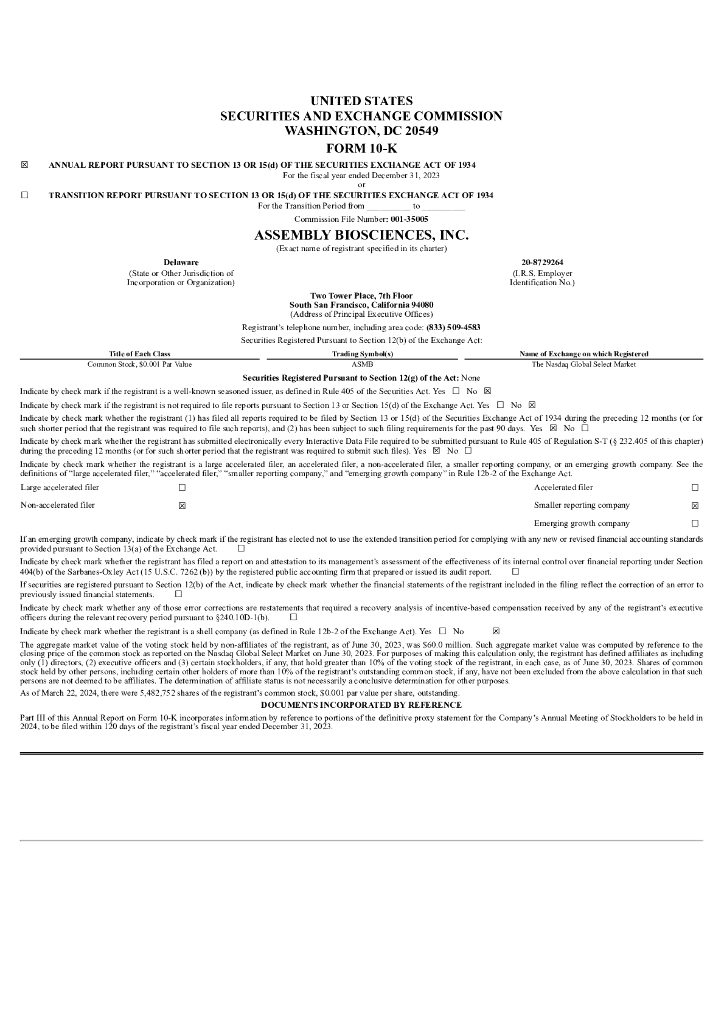 Assembly Biosciences Inc（ASMB）2023财年年度报告（英文版）