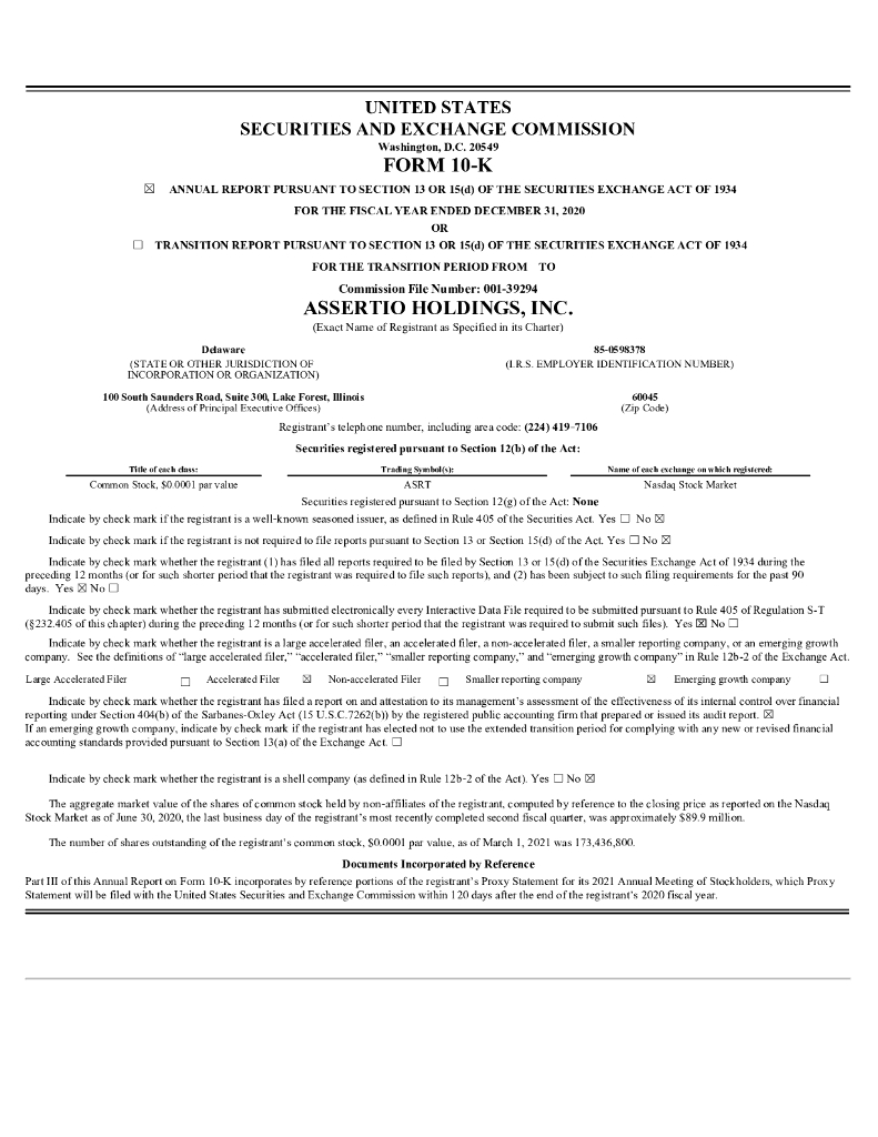 Assertio Holdings, Inc.（ASRT）2020财年年度报告（英文版）