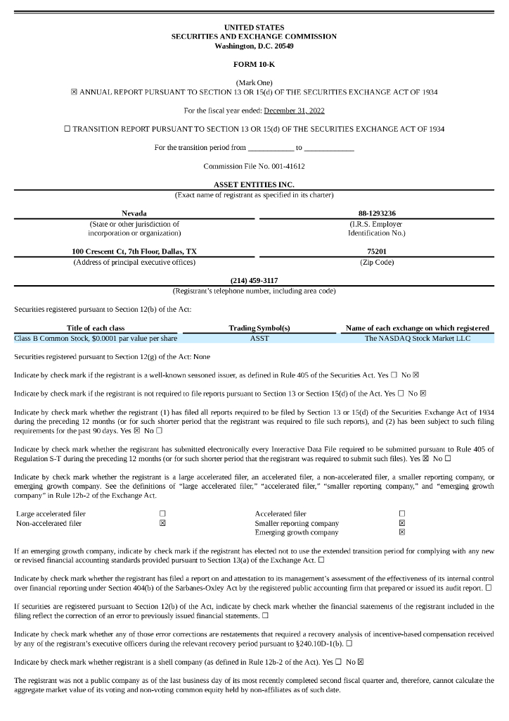 Asset Entities Inc.（ASST）2022财年年度报告（英文版）