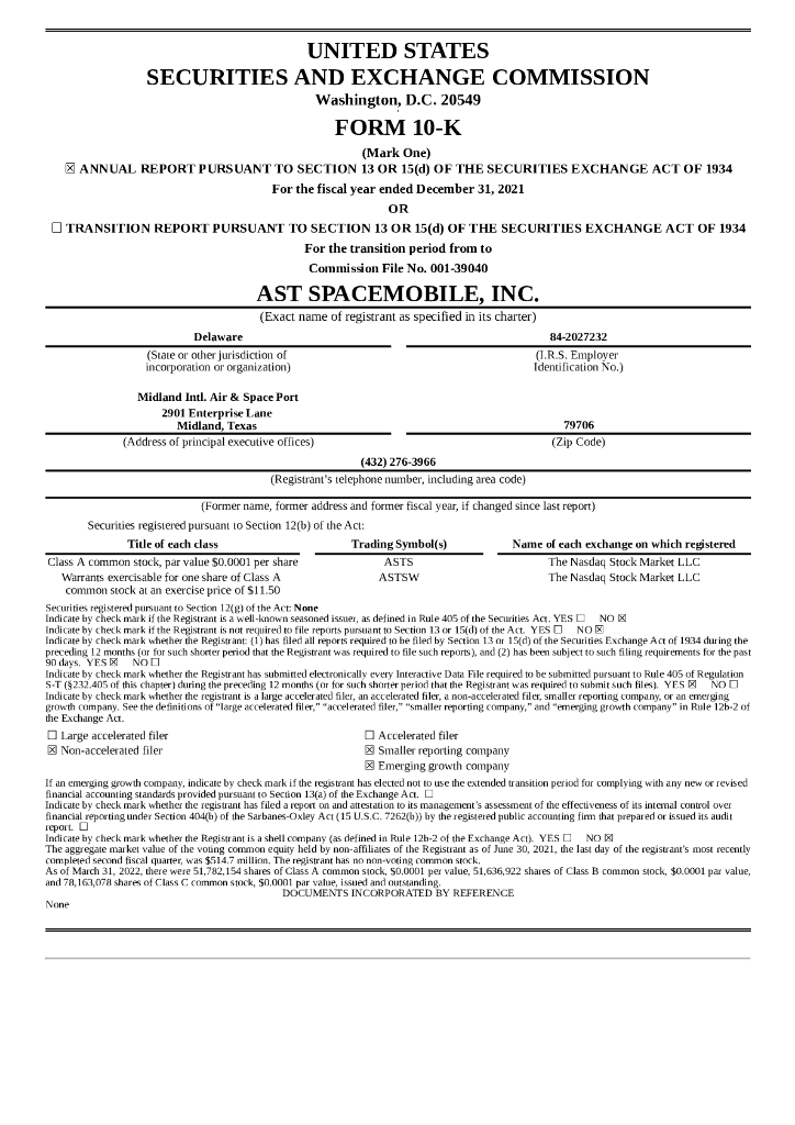 AST SpaceMobile, Inc.（ASTS）2021财年年度报告（英文版）