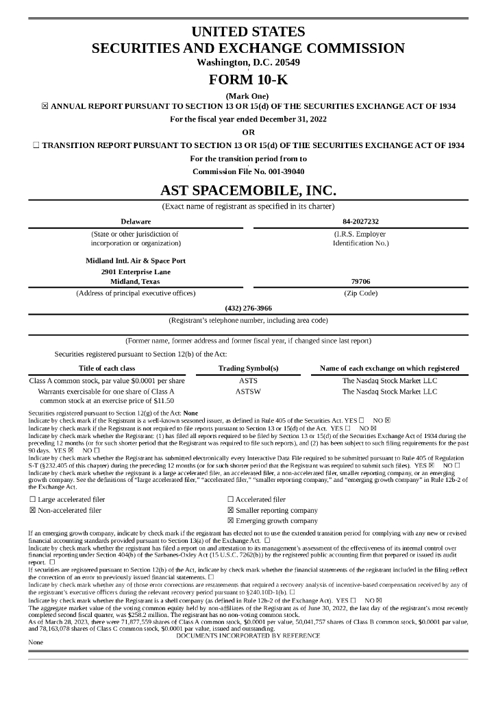 AST SpaceMobile, Inc.（ASTS）2022财年年度报告（英文版）