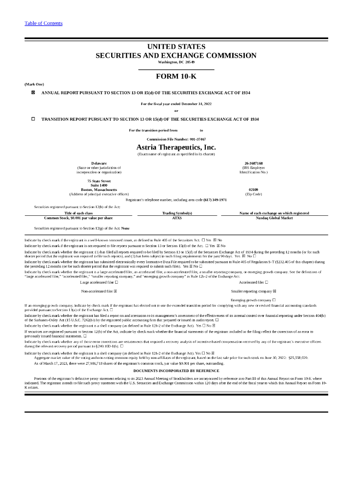 Astria Therapeutics Inc（ATXS）2022财年年度报告（英文版）
